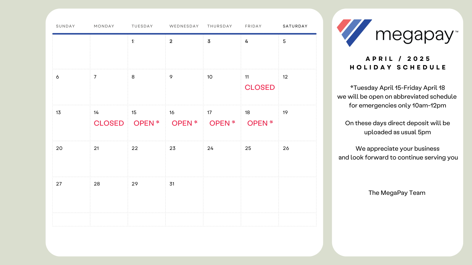 April 2025 Holiday Schedule